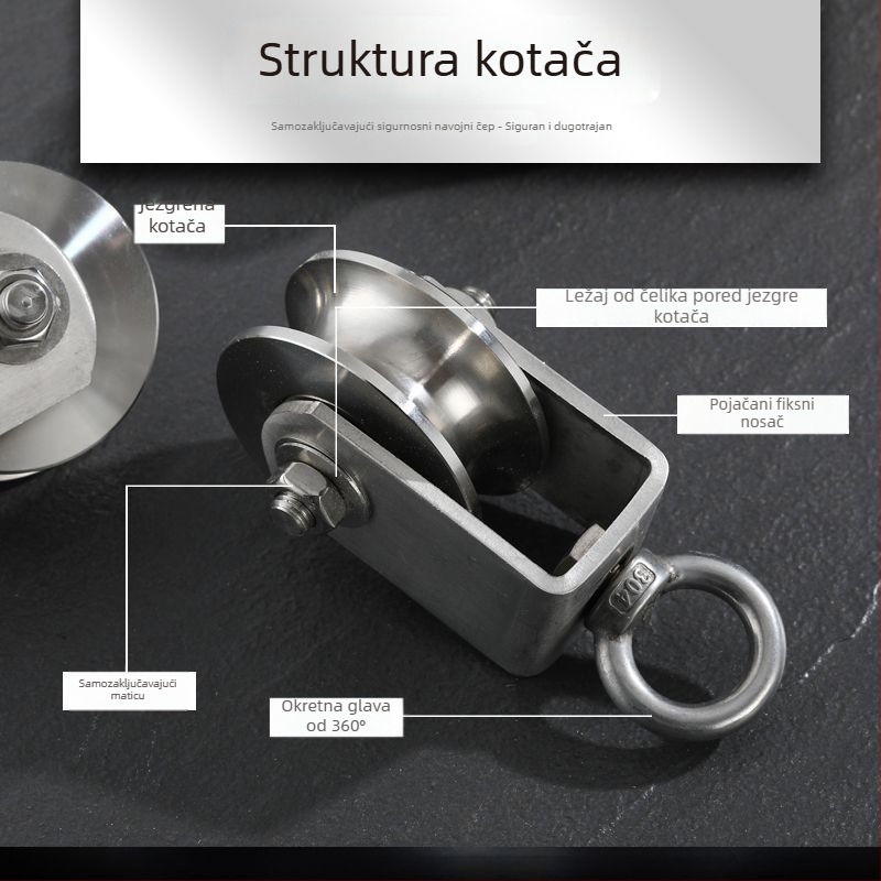 Remenica od nehrđajućeg čelika 304, s ležajem za sajlu – jednokolesna, visoka nosivost