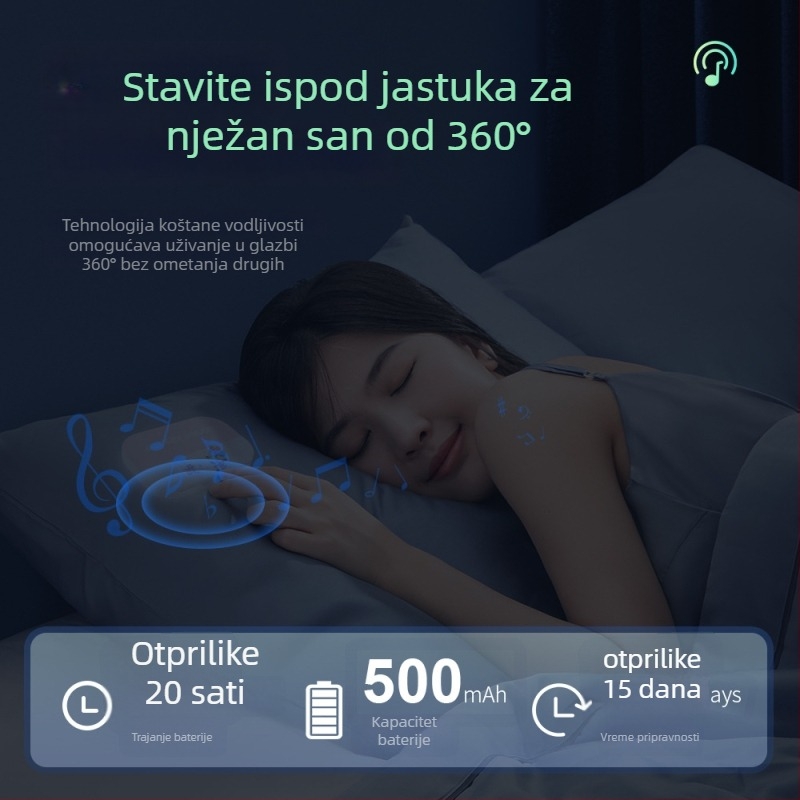 Zvučnik za san pod jastukom s kostnom provodljivošću – Bluetooth 5.2, 2 zvučnika, 20 Hz–20 kHz, SNR ≥60 dB, IPX4