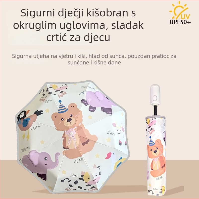 Dječji sklopivi kišobran s automatskim otvorom i poluautomatskim zatvaranjem, 8 čeličnih rebara, UPF50+, radijus 48–53 cm, cartoon dizajn