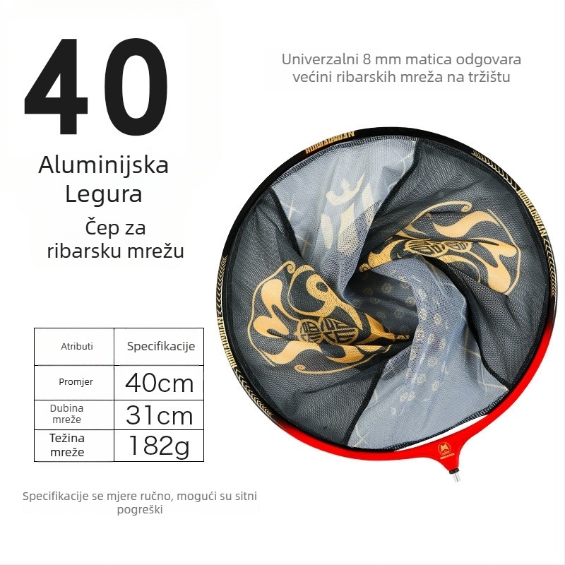 Glava mreže za ribolov s integriranim aluminijskim legurom i najlonskom mrežom, dizajn protiv zapetljavanja, dubina: ravno dno 24 cm; udubljeno dno 31 cm
