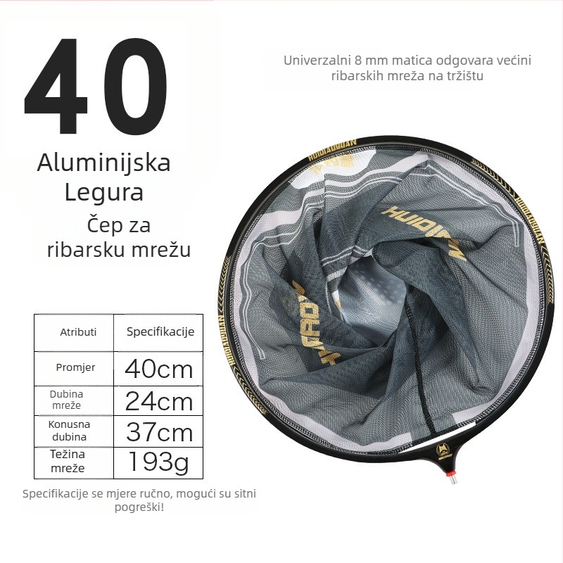 Glava mreže za ribolov s integriranim aluminijskim legurom i najlonskom mrežom, dizajn protiv zapetljavanja, dubina: ravno dno 24 cm; udubljeno dno 31 cm