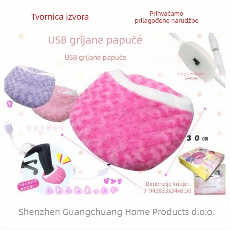 USB grijane papuče za stopala — plišasti velur gornji dio, podstava od tkanine i pjene, unisex, peta omotana, dizajn za zagrijavanje stopala