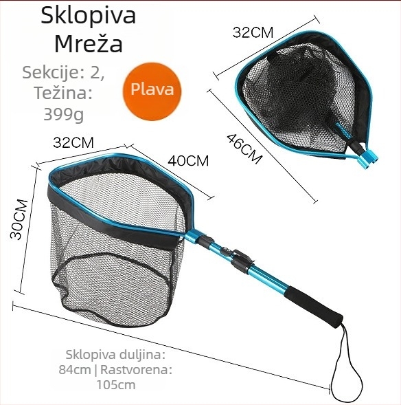 Sklopiva ručna mreža za ribolov s četverokutnom glavom, okvir od aluminijske legure i silikonska mreža, nosivost 5 kg