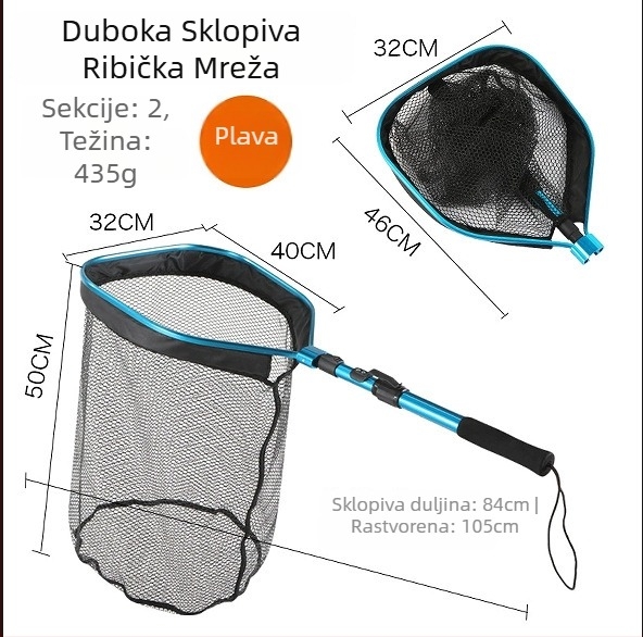 Sklopiva ručna mreža za ribolov s četverokutnom glavom, okvir od aluminijske legure i silikonska mreža, nosivost 5 kg