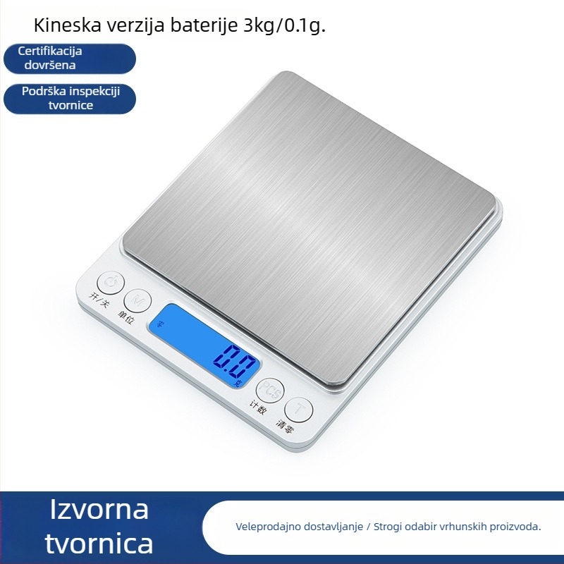 Elektronička vaga 0,01 g, dvostruka namjena kuhinja i nakit, mini, DH-I200, raspon mjerenja 3 kg/0,1 g i 500 g/0,01 g, napajanje 2×AAA