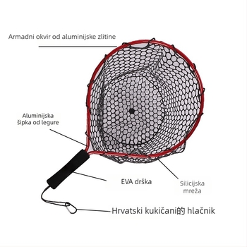 Prijenosna silikonska mreža za ribolov s kratkom drškom za fly fishing u potoku; mini ručna mreža s aluminijskim ramom; promjer otvora mreže 55 mm; guste mreže; nije sklopiva.