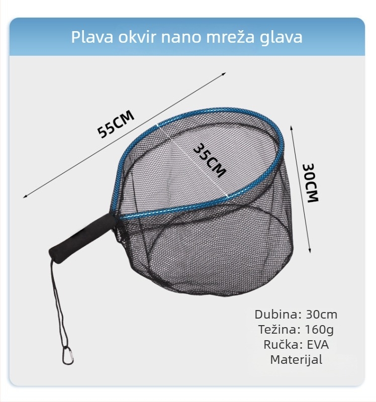Prijenosna silikonska mreža za ribolov s kratkom drškom za fly fishing u potoku; mini ručna mreža s aluminijskim ramom; promjer otvora mreže 55 mm; guste mreže; nije sklopiva.