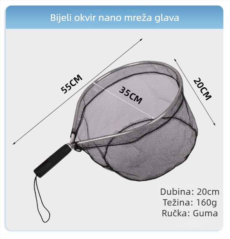 Prijenosna silikonska mreža za ribolov s kratkom drškom za fly fishing u potoku; mini ručna mreža s aluminijskim ramom; promjer otvora mreže 55 mm; guste mreže; nije sklopiva.