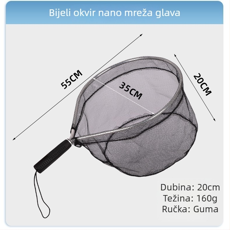 Prijenosna silikonska mreža za ribolov s kratkom drškom za fly fishing u potoku; mini ručna mreža s aluminijskim ramom; promjer otvora mreže 55 mm; guste mreže; nije sklopiva.