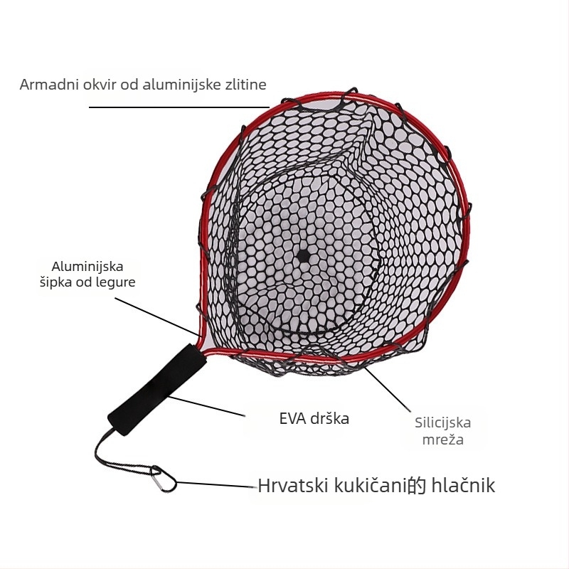 Prijenosna silikonska mreža za ribolov s kratkom drškom za fly fishing u potoku; mini ručna mreža s aluminijskim ramom; promjer otvora mreže 55 mm; guste mreže; nije sklopiva.