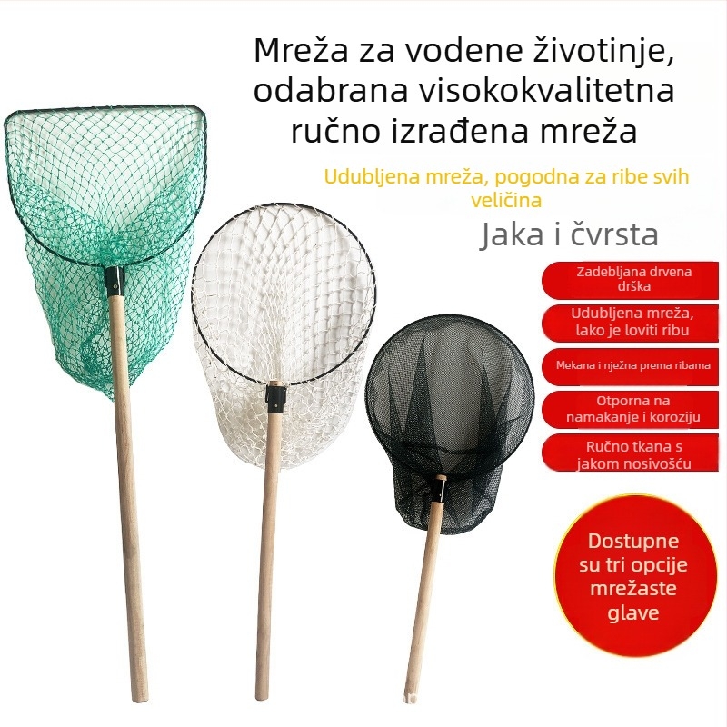 Ručno pletena mreža od masivnog drveta s debelom drškom i gustim otvorima za uzgoj riba