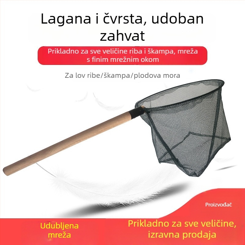 Ručno pletena mreža od masivnog drveta s debelom drškom i gustim otvorima za uzgoj riba