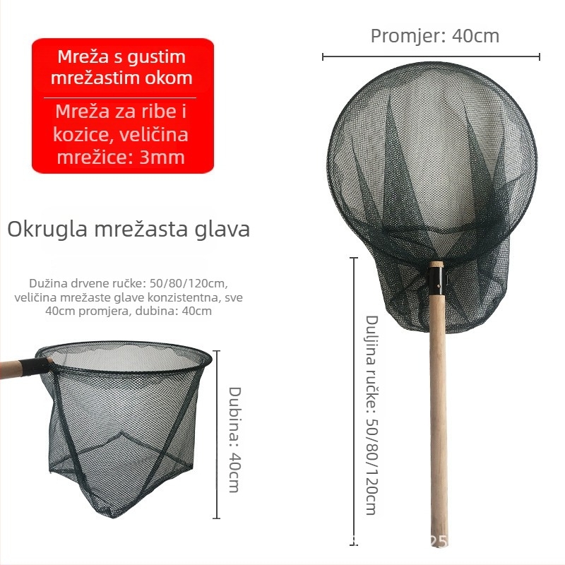 Ručno pletena mreža od masivnog drveta s debelom drškom i gustim otvorima za uzgoj riba