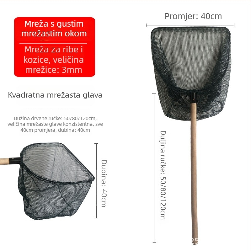 Ručno pletena mreža od masivnog drveta s debelom drškom i gustim otvorima za uzgoj riba