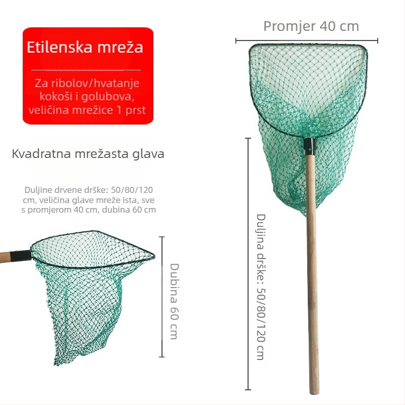 Ručno pletena mreža od masivnog drveta s debelom drškom i gustim otvorima za uzgoj riba