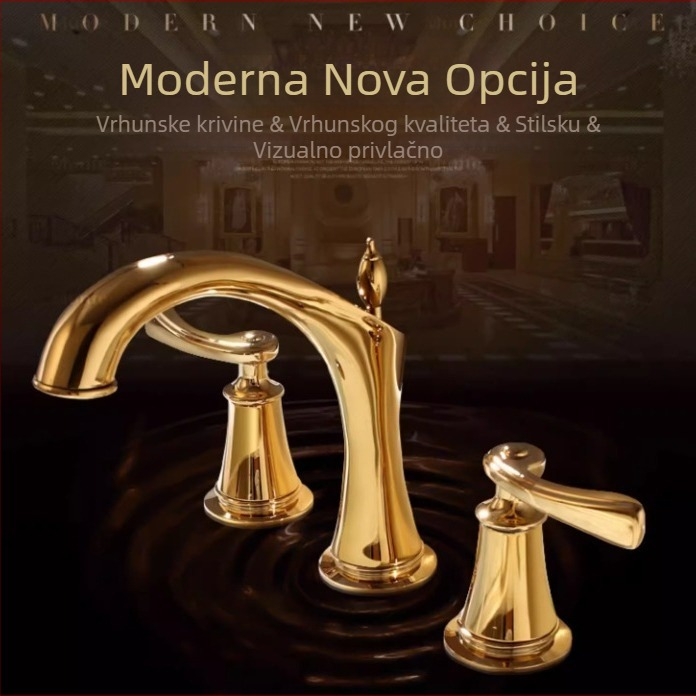 Kran za umivaonik s tri otvora, od bakra, s dvostrukim držanjem i keramičkim diskom ventila, za ugradnju ispod ploče