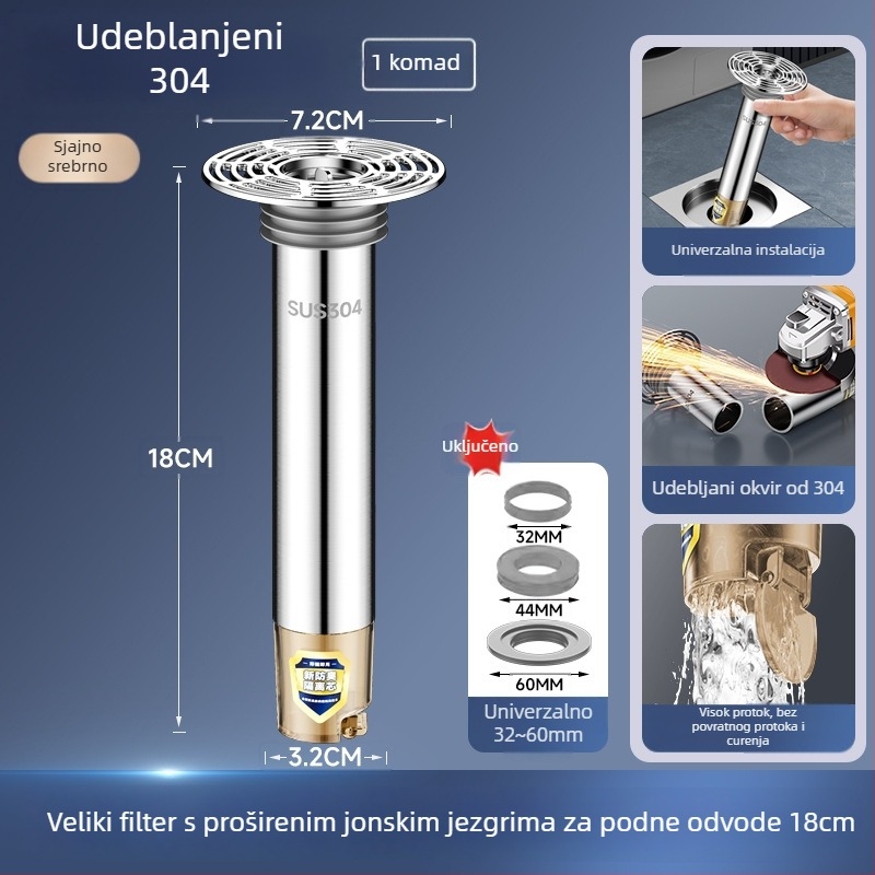 Nehrđajući čelični produžni cijev za podni odvod s produženim unutarnjim jezgrom, filtr protiv mirisa i zaštita od insekata