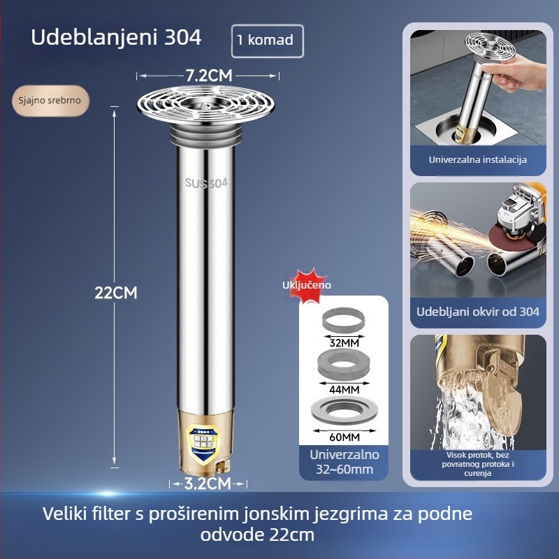 Nehrđajući čelični produžni cijev za podni odvod s produženim unutarnjim jezgrom, filtr protiv mirisa i zaštita od insekata