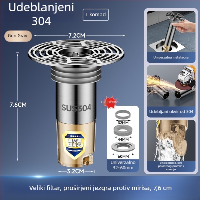Nehrđajući čelični produžni cijev za podni odvod s produženim unutarnjim jezgrom, filtr protiv mirisa i zaštita od insekata