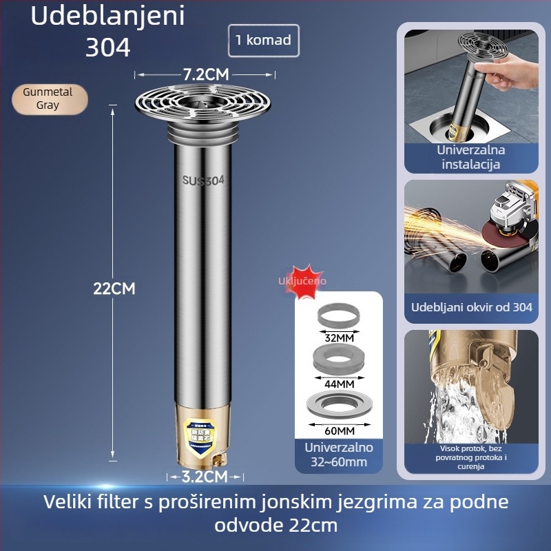 Nehrđajući čelični produžni cijev za podni odvod s produženim unutarnjim jezgrom, filtr protiv mirisa i zaštita od insekata