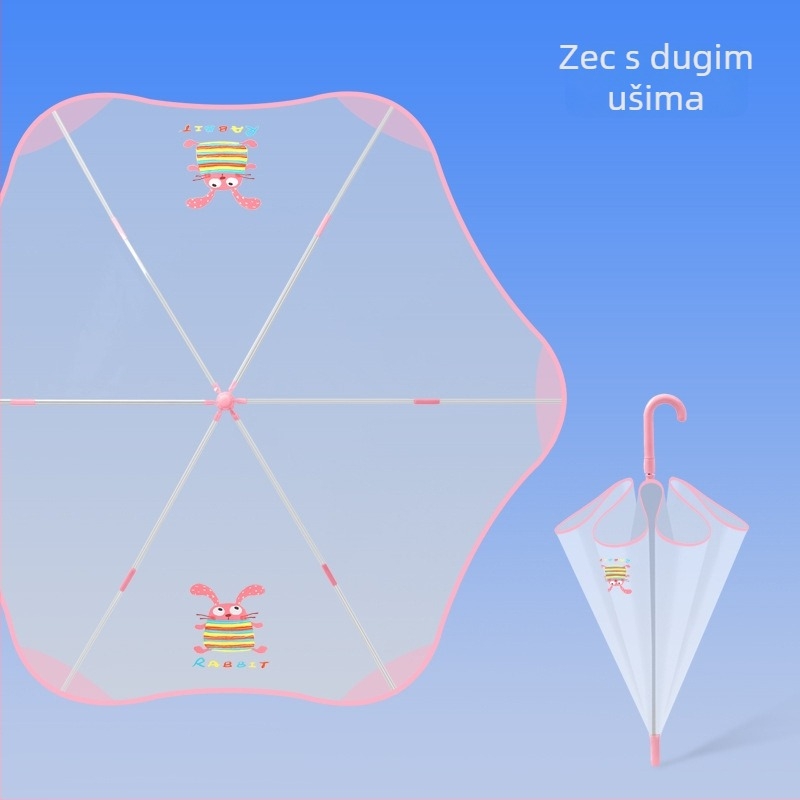 Dječji prozirni kišobran u karikatura stilu, s 6 rebara od vlakana, plastična drška, automatsko zatvaranje, mogućnost prilagodbe logotipa