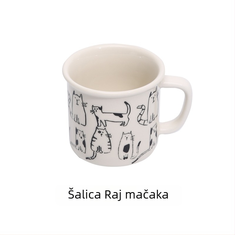 Emajlirana šalica za kavu, cilindričnog oblika, s drškom, otisak logotipa, moderan minimalistički stil, pogodna za mikrovalnu