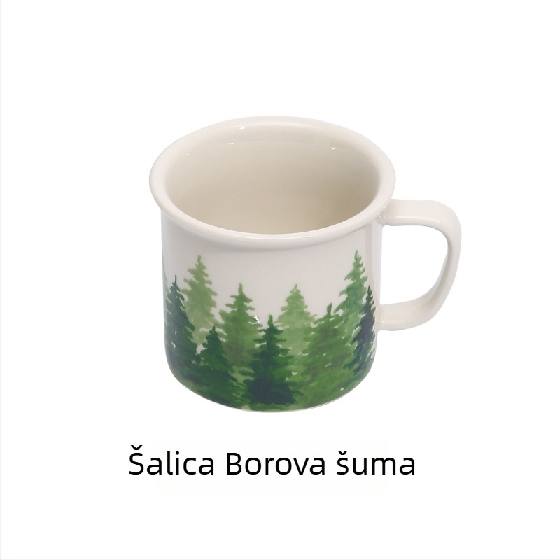 Emajlirana šalica za kavu, cilindričnog oblika, s drškom, otisak logotipa, moderan minimalistički stil, pogodna za mikrovalnu