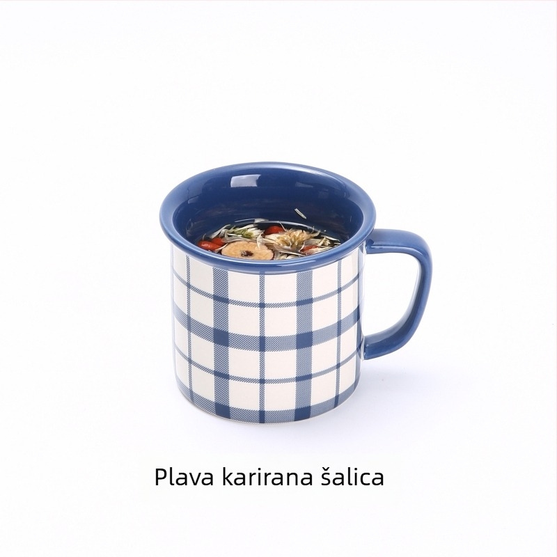 Emajlirana šalica za kavu, cilindričnog oblika, s drškom, otisak logotipa, moderan minimalistički stil, pogodna za mikrovalnu