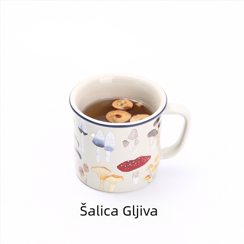 Emajlirana šalica za kavu, cilindričnog oblika, s drškom, otisak logotipa, moderan minimalistički stil, pogodna za mikrovalnu