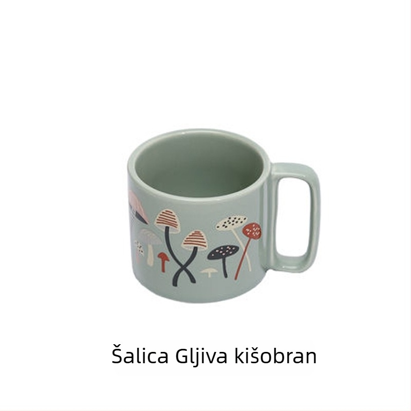 Emajlirana šalica za kavu, cilindričnog oblika, s drškom, otisak logotipa, moderan minimalistički stil, pogodna za mikrovalnu