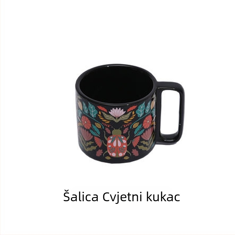 Emajlirana šalica za kavu, cilindričnog oblika, s drškom, otisak logotipa, moderan minimalistički stil, pogodna za mikrovalnu