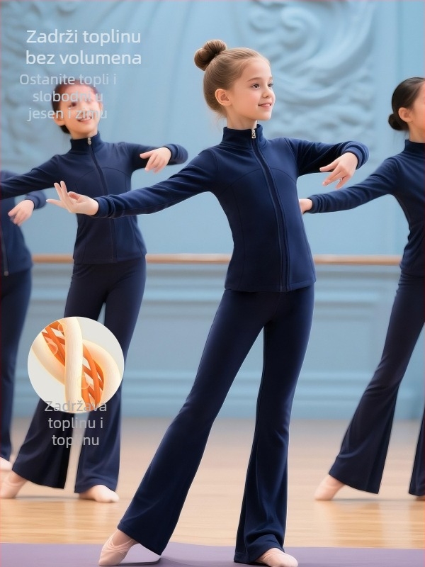 Dječji jesenski dancewear set za balet, jogu, moderni i latinski ples – poliester fleece s podstavom od spandexa (78% poliester, 22% spandex), jednobojan