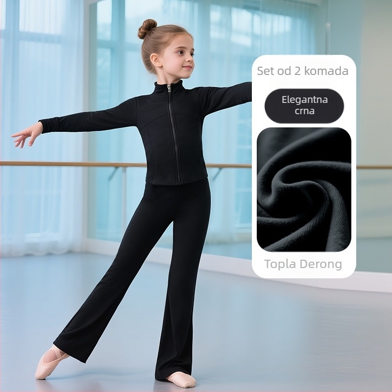 Dječji jesenski dancewear set za balet, jogu, moderni i latinski ples – poliester fleece s podstavom od spandexa (78% poliester, 22% spandex), jednobojan