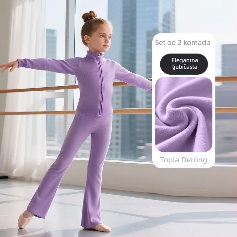 Dječji jesenski dancewear set za balet, jogu, moderni i latinski ples – poliester fleece s podstavom od spandexa (78% poliester, 22% spandex), jednobojan