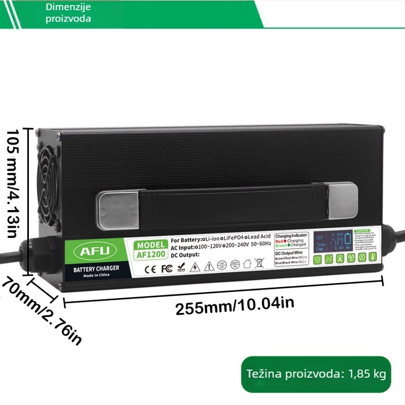 AF1200 punjač za litijsku bateriju 25.9V iz serije 7 za četverokolesko električno vozilo, s digitalnim zaslonom, ulaz 220V AC 50–60 Hz, izlaz DC 29.4V 30A, certifikati FCC/ROHS/UKCA
