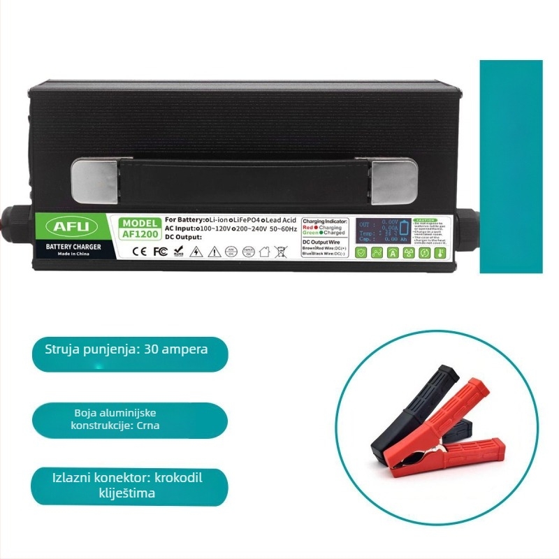 AF1200 punjač za litijsku bateriju 25.9V iz serije 7 za četverokolesko električno vozilo, s digitalnim zaslonom, ulaz 220V AC 50–60 Hz, izlaz DC 29.4V 30A, certifikati FCC/ROHS/UKCA