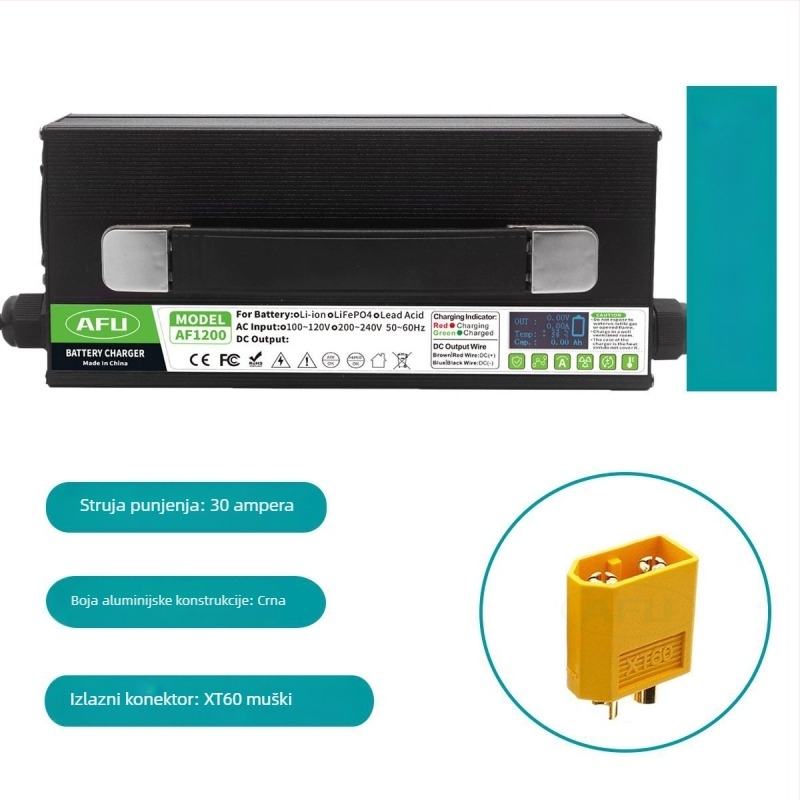 AF1200 punjač za litijsku bateriju 25.9V iz serije 7 za četverokolesko električno vozilo, s digitalnim zaslonom, ulaz 220V AC 50–60 Hz, izlaz DC 29.4V 30A, certifikati FCC/ROHS/UKCA