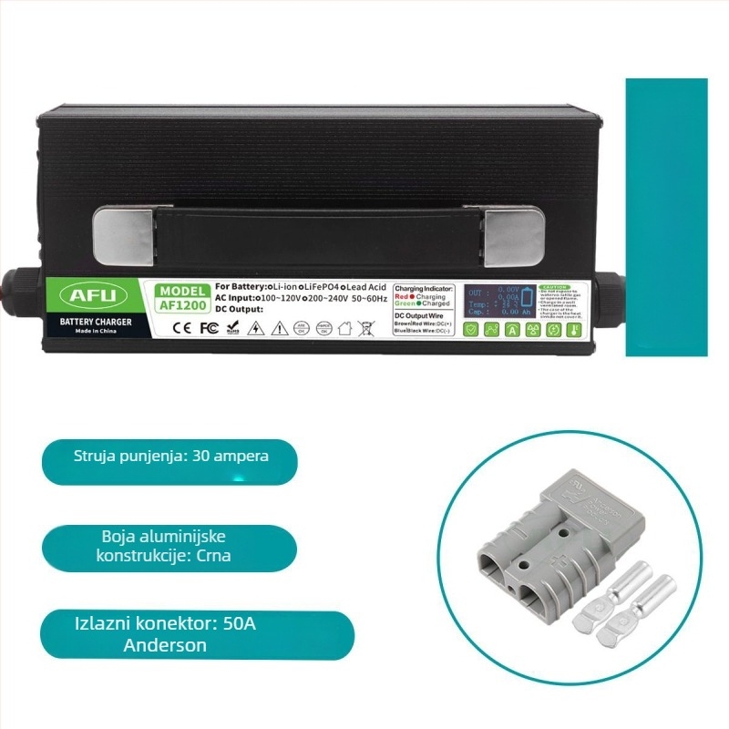 AF1200 punjač za litijsku bateriju 25.9V iz serije 7 za četverokolesko električno vozilo, s digitalnim zaslonom, ulaz 220V AC 50–60 Hz, izlaz DC 29.4V 30A, certifikati FCC/ROHS/UKCA