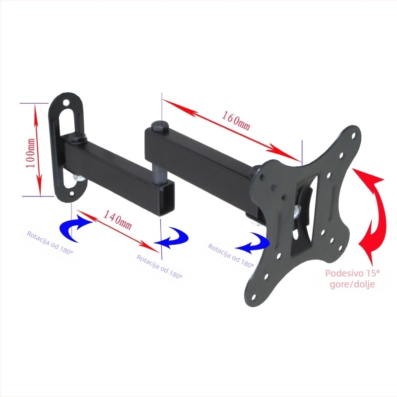 Zidni nosač za TV/monitor s izvučnim i rotirajućim ramenom, univerzalna kompatibilnost, mehaničko upravljanje