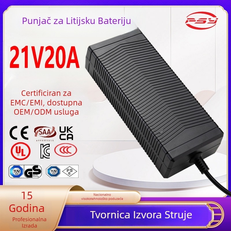 PSY punjač litijeve baterije, 21V 20A, 420W Li‑ion, ulaz 90–240V AC, certifikati CE UL UKCA PSE