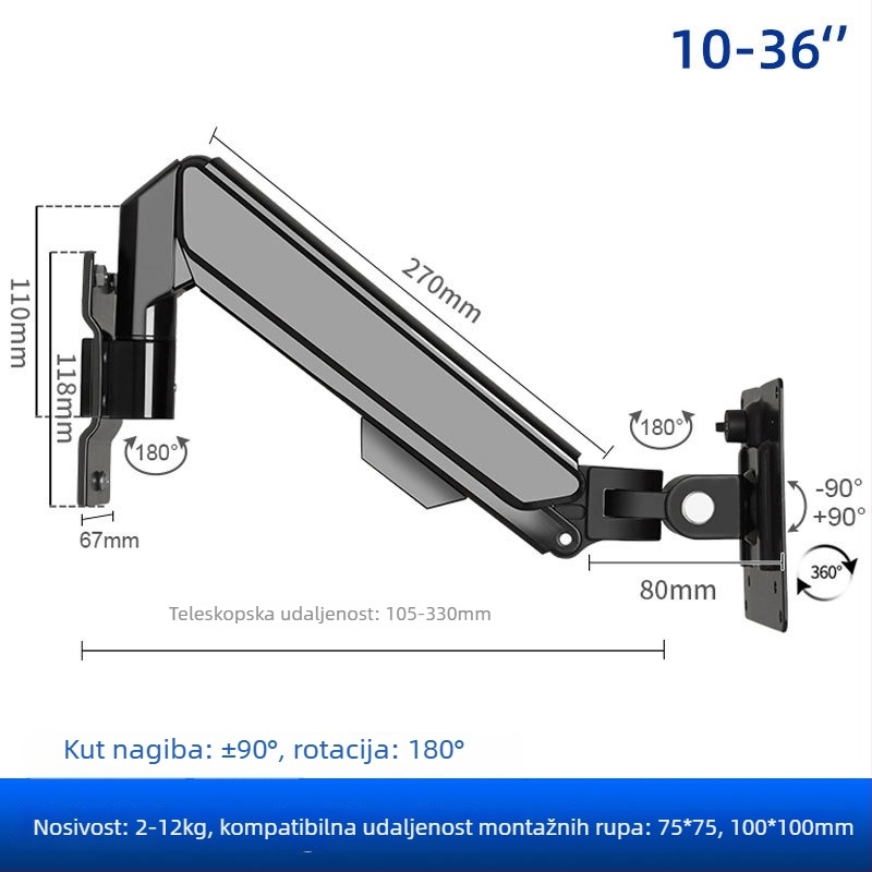 Industrijski univerzalni zidni nosač monitora s teleskopskim produženjem, nosivost 5–10 kg