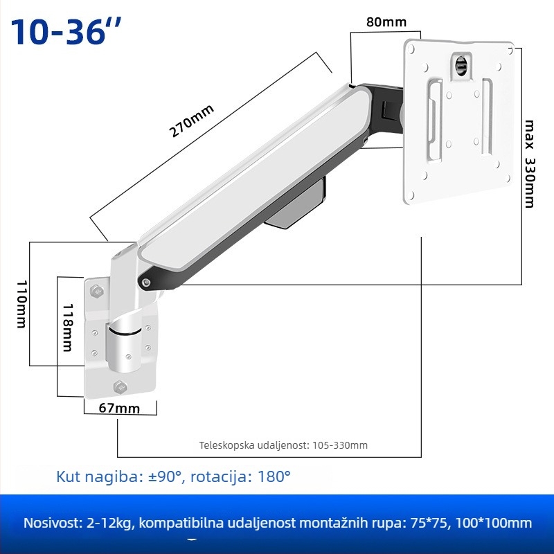 Industrijski univerzalni zidni nosač monitora s teleskopskim produženjem, nosivost 5–10 kg