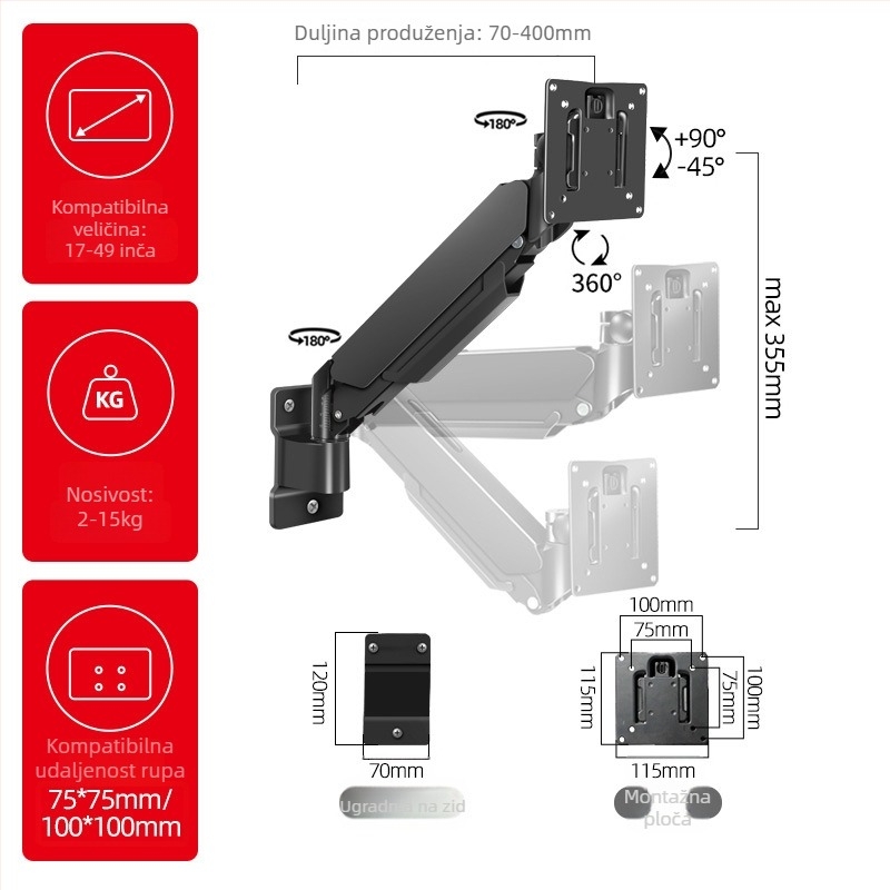 Industrijski univerzalni zidni nosač monitora s teleskopskim produženjem, nosivost 5–10 kg