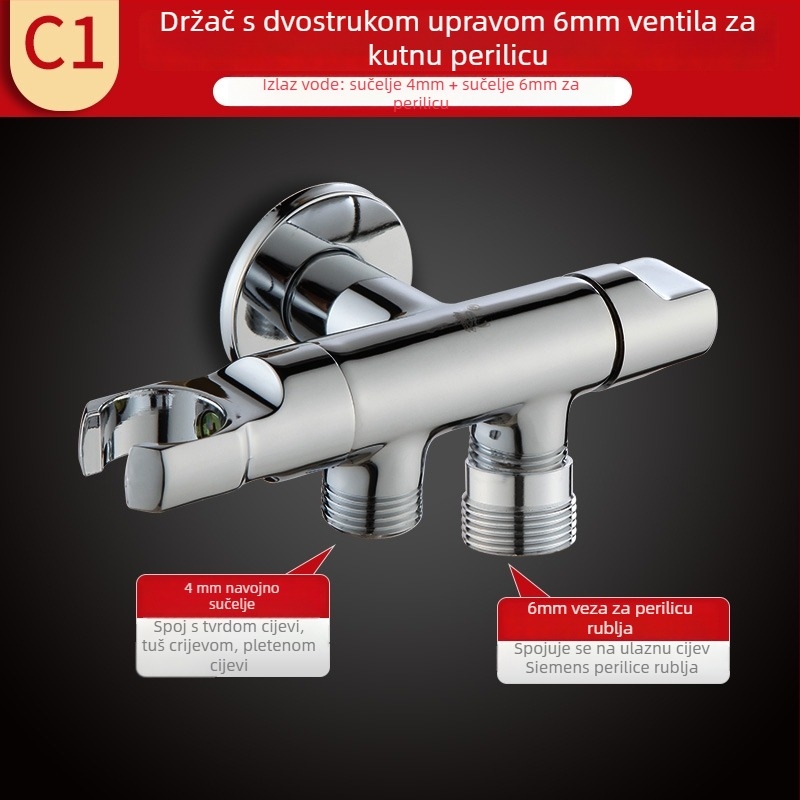 Mjedeni troputni kutni ventil s nosačem i mlaznicom za WC; dovod vode s prekidačem