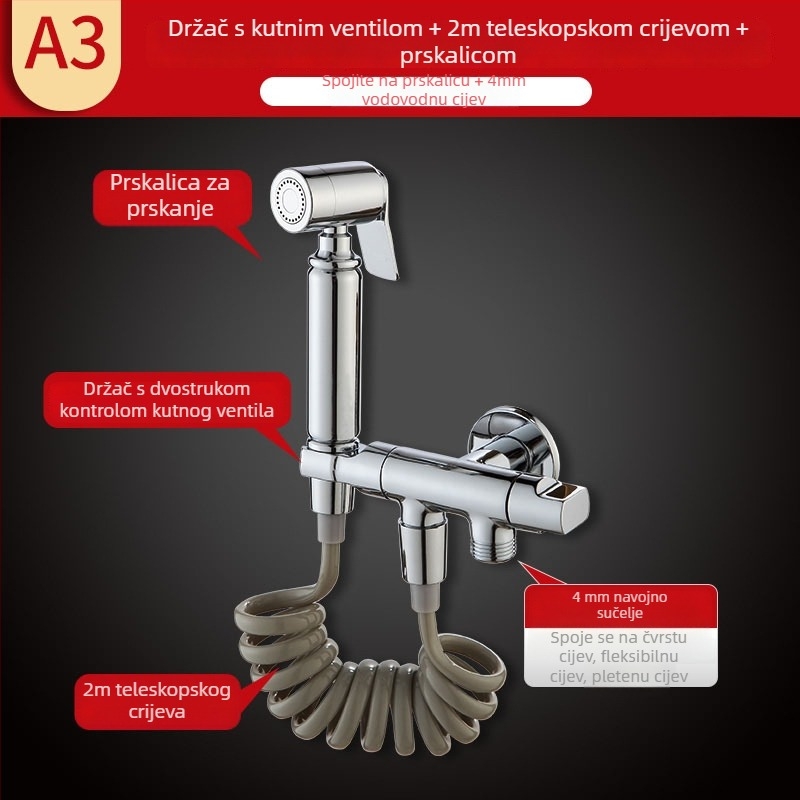 Mjedeni troputni kutni ventil s nosačem i mlaznicom za WC; dovod vode s prekidačem