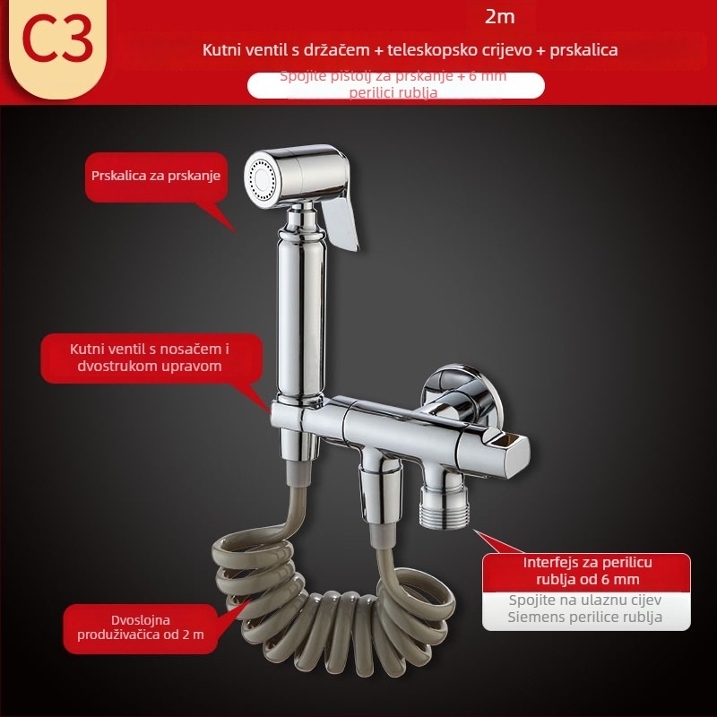 Mjedeni troputni kutni ventil s nosačem i mlaznicom za WC; dovod vode s prekidačem