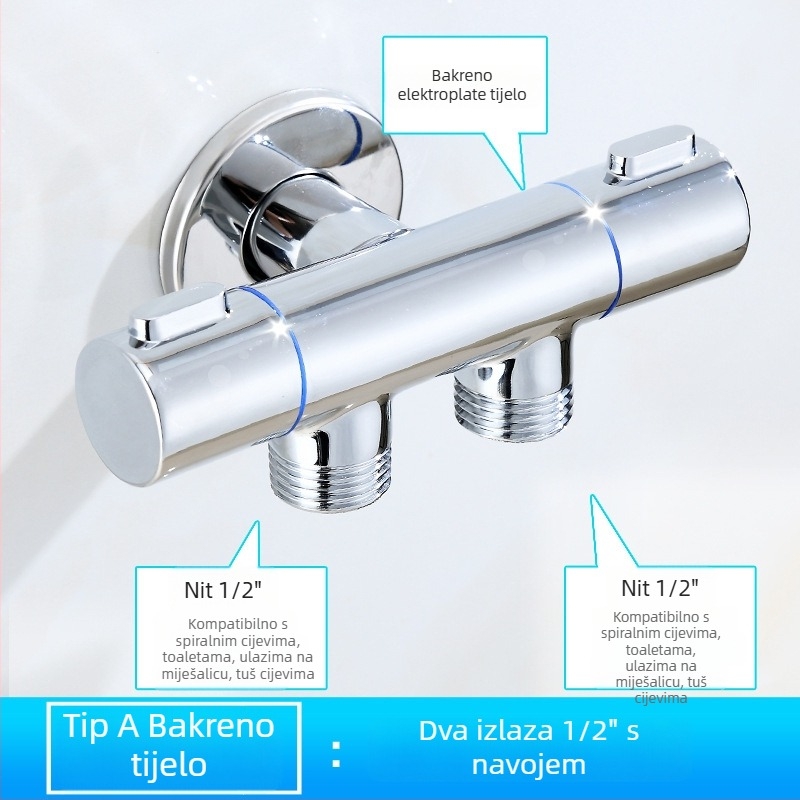 Bakar troputni ventil s dvostrukom kontrolom i raspršivačem, model Hanma 1261/1231, unutarnji promjer 4 mm, navojno spajanje, za tuš sustav