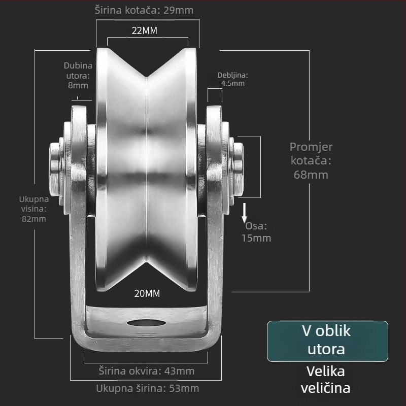 Ležaj kuglice od 304 nehrđajućeg čelika, fiksni V-tipa HU klizna vrata kotač na dizalnoj šini
