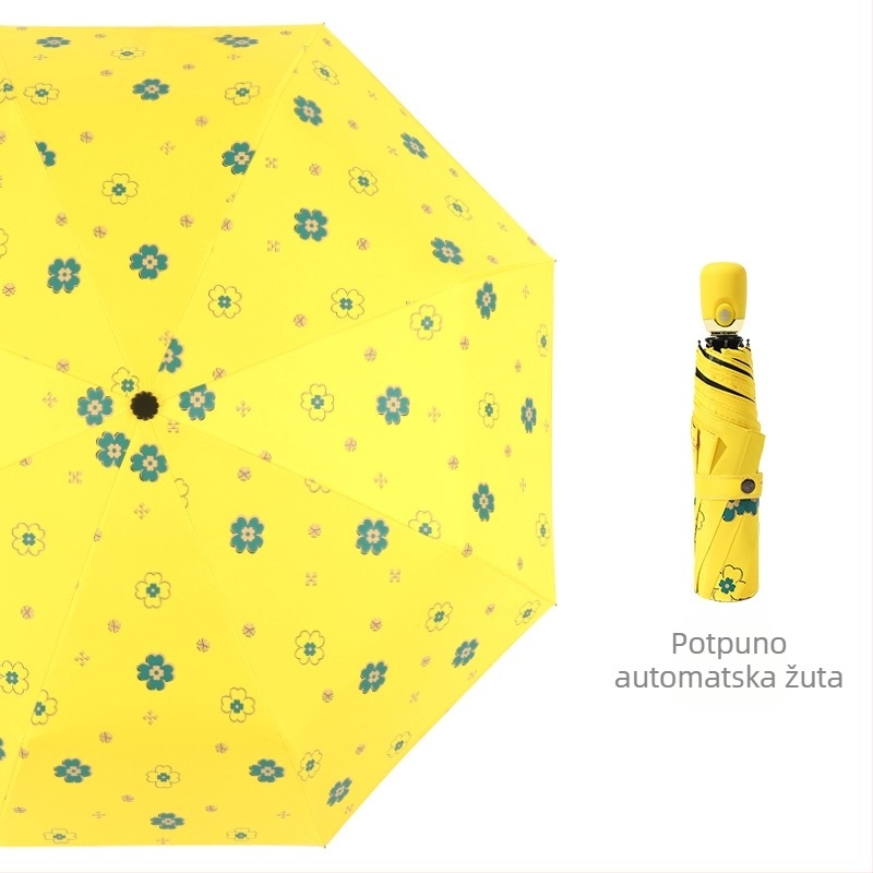 Trodijelni automatski kišobran s 8 rebara od vlakana, željezni oslonac, plastična drška, ispis logotipa, UPF > 40, težina 310 g
