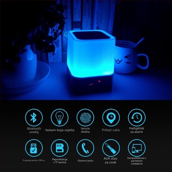 Bluetooth budilica s reproduktorom i LED rasvjetom (Bluetooth 5.0 • 5W • 1000–1200mAh • 100 Hz–20 kHz • domet 10 m)